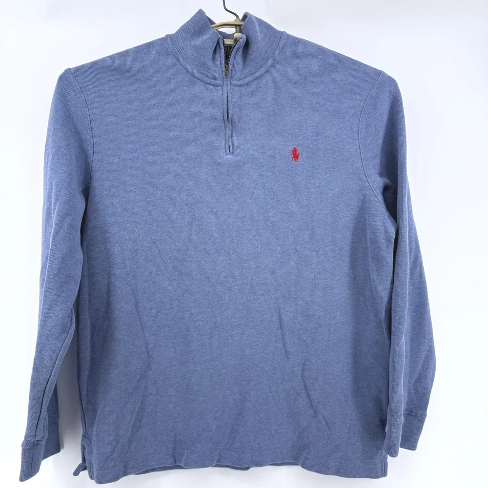 Polo Ralph Lauren Mens XL Quarter Zip Pullover Blue Cotton Knit Sweater Red Pony